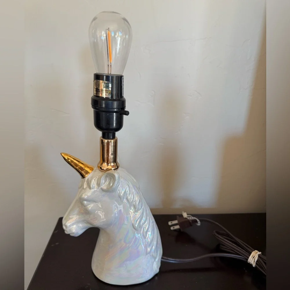 Gold White Unicorn‎ Table Lamp Estate Iridescent ~11” T